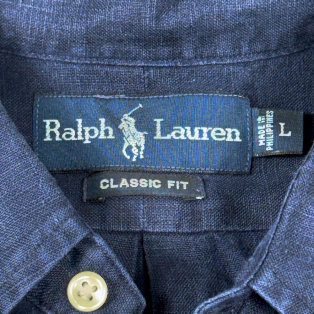 Ralph Lauren Button Down Shirt Men L Navy Blue Preppy Linen Classic Fit S/S Pony - Picture 2 of 7